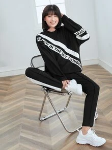 Mulvari Bộ đồ hai mảnh nữ Khối Màu Lá thư Thể thao - màu đen - Xem 3