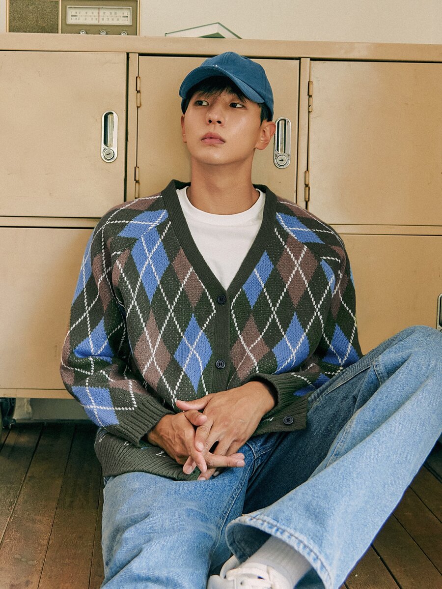 DAZY Hombres Cárdigan con patrón de rombo de manga raglán - Multicolor - Ver 1