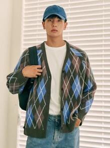 DAZY Hombres Cárdigan con patrón de rombo de manga raglán - Multicolor - Ver 5