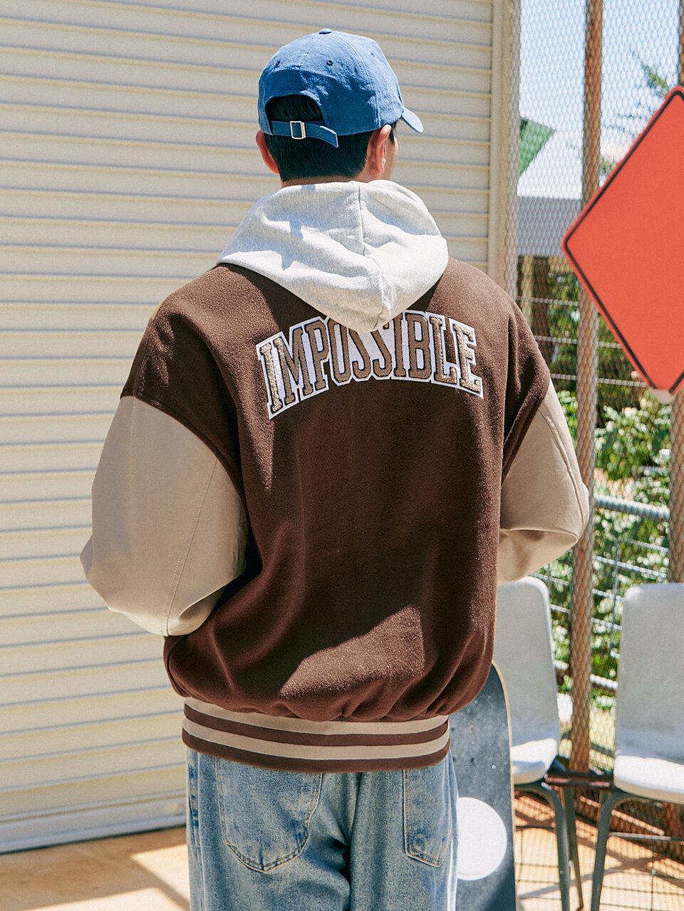 Men Letter Graphic Color Block Drop Shoulder Wool-Mix Varsity Jacket