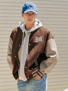 DAZY 男士字母圖案撞色落肩袖羊毛混紡學院風夾克 - 咖啡棕 - 查看 3