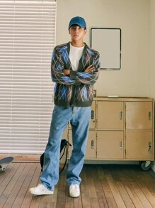 DAZY Hombres Cárdigan con patrón de rombo de manga raglán - Multicolor - Ver 7