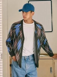 DAZY Hombres Cárdigan con patrón de rombo de manga raglán - Multicolor - Ver 8