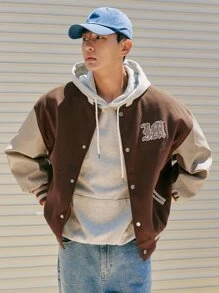 DAZY 男士字母圖案撞色落肩袖羊毛混紡學院風夾克 - 咖啡棕 - 查看 6
