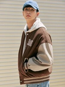 DAZY 男士字母圖案撞色落肩袖羊毛混紡學院風夾克 - 咖啡棕 - 查看 7