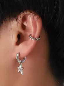 1pc Men Star Decor Earring & 1pc Ear Cuff - Silver - View 1
