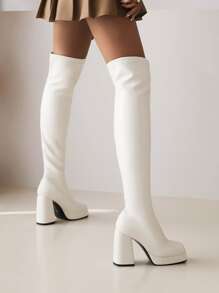 秋冬女式白色大腿高筒紧身粗跟厚底方头经典靴，性感 - 白色 - 查看 2