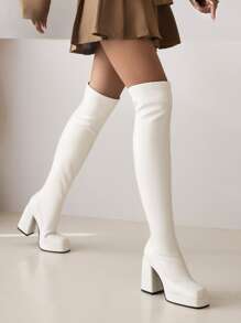 秋冬女式白色大腿高筒紧身粗跟厚底方头经典靴，性感 - 白色 - 查看 3