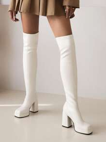 秋冬女式白色大腿高筒紧身粗跟厚底方头经典靴，性感 - 白色 - 查看 4