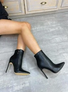 Style With Skirt,Zipper Side Point Toe Stiletto Heeled Classic Boots, Black Plain Pu Women's Fashion Boots