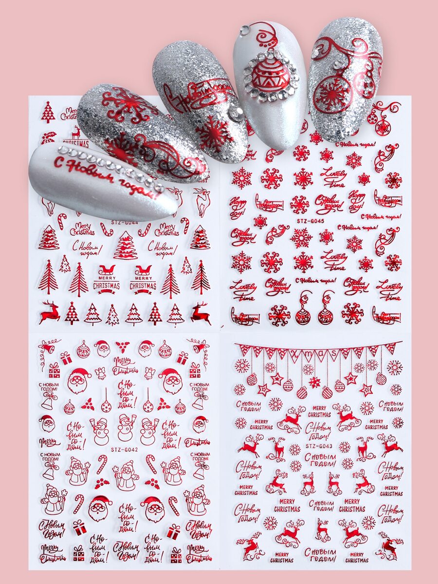 FULL BEAUTY 4sheets Christmas Cartoon Graphic Nail Art Sticker - Red - View 1