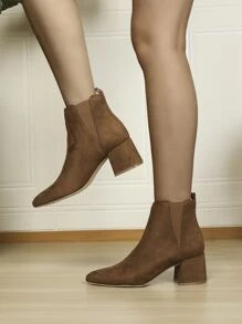 Minimalist Suedette Point Toe Chunky Heeled Chelsea Boots - Brown - View 1