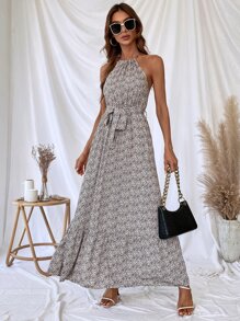 SHEIN VCAY Ditsy Floral Print Ruffle Hem Belted Halter Dress - Multicolor - View 1