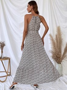 SHEIN VCAY Ditsy Floral Print Ruffle Hem Belted Halter Dress - Multicolor - View 2