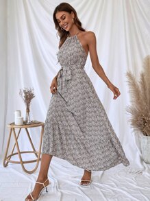 SHEIN VCAY Ditsy Floral Print Ruffle Hem Belted Halter Dress - Multicolor - View 3