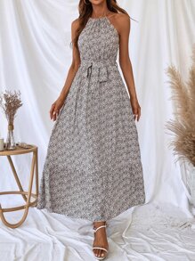 SHEIN VCAY Ditsy Floral Print Ruffle Hem Belted Halter Dress - Multicolor - View 5
