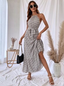 SHEIN VCAY Ditsy Floral Print Ruffle Hem Belted Halter Dress - Multicolor - View 6