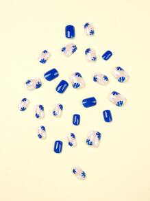 24pcs Summer Model Short Square Shape Nails Blue Solid Flowers French Nail Press On Nails Acrylic Nails Fake Nails Artnail Tips Manicure Set Includes 1sheet Adhesive Tabs & 1pc Mini File Perfect For Everyday Wear - Multicolor - View 4