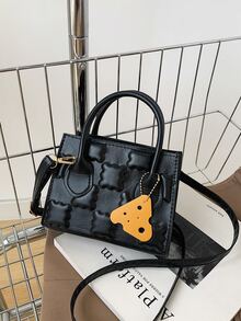 Bolsa cuadrada mini de galleta en relieve con accesorio de bolso - Negro - Ver 1