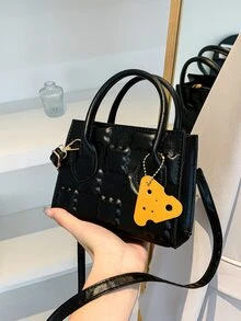 Bolsa cuadrada mini de galleta en relieve con accesorio de bolso - Negro - Ver 5