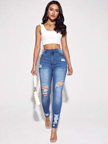 SHEIN Essnce Ripped Skinny Jeans - Medium Wash - View 1