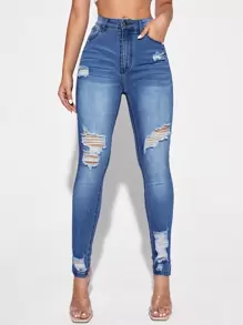 SHEIN Essnce Ripped Skinny Jeans - Medium Wash - View 2