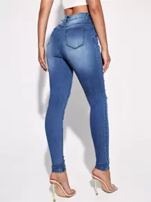 SHEIN Essnce Ripped Skinny Jeans - Medium Wash - View 3