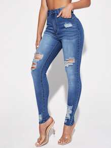 SHEIN Essnce Ripped Skinny Jeans - Medium Wash - View 4