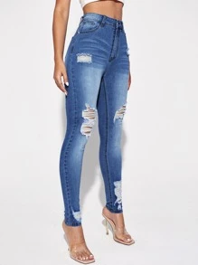SHEIN Essnce Ripped Skinny Jeans - Medium Wash - View 5