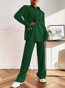 Mulvari Bộ đồ hai mảnh nữ Nút phía trước màu trơn Giải trí - màu xanh lá - Xem 1