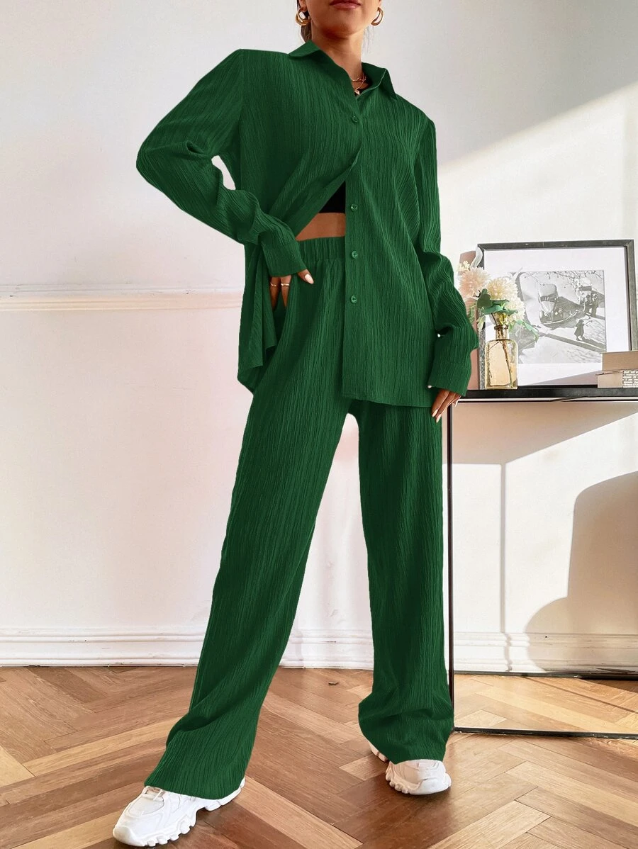 Mulvari Bộ đồ hai mảnh nữ Nút phía trước màu trơn Giải trí - màu xanh lá - Xem 1