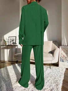 Mulvari Bộ đồ hai mảnh nữ Nút phía trước màu trơn Giải trí - màu xanh lá - Xem 2