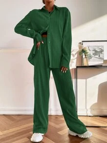 Mulvari Bộ đồ hai mảnh nữ Nút phía trước màu trơn Giải trí - màu xanh lá - Xem 3