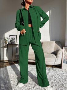 Mulvari Bộ đồ hai mảnh nữ Nút phía trước màu trơn Giải trí - màu xanh lá - Xem 4