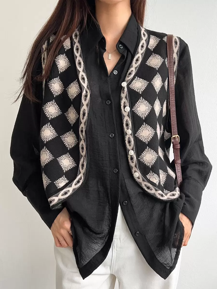 DAZY 菱形图案毛衣背心（不含衬衫）秋装 - 黑色 - 查看 1