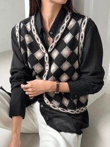DAZY 菱形图案毛衣背心（不含衬衫）秋装 - 黑色 - 查看 4