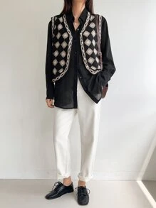 DAZY 菱形图案毛衣背心（不含衬衫）秋装 - 黑色 - 查看 5