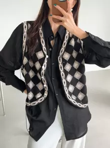 DAZY 菱形图案毛衣背心（不含衬衫）秋装 - 黑色 - 查看 6