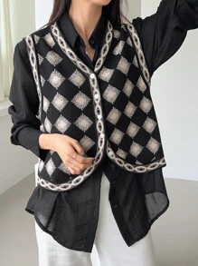 DAZY 菱形图案毛衣背心（不含衬衫）秋装 - 黑色 - 查看 8