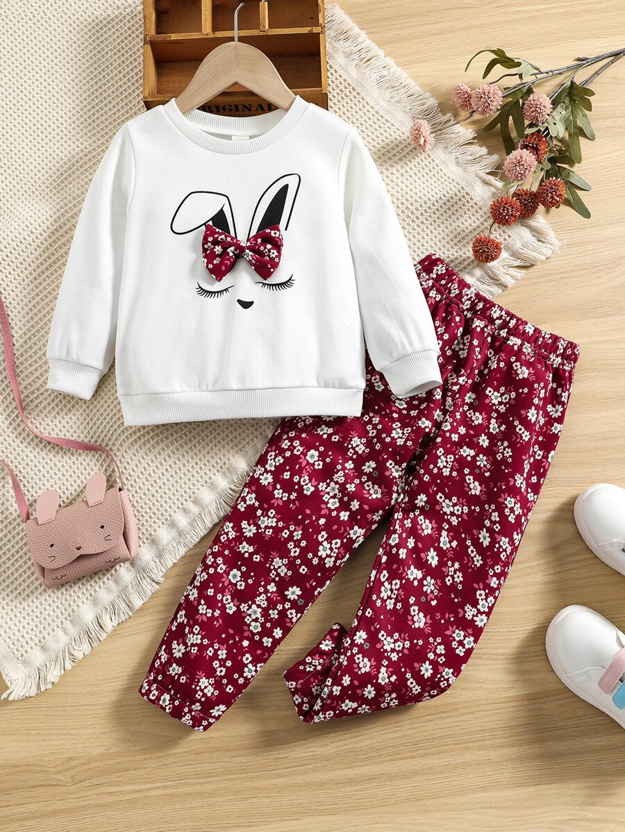 SHEIN Toddler Girls Rabbit Print Bow Front Pullover & Floral Print Sweatpants - Red and White - View 1