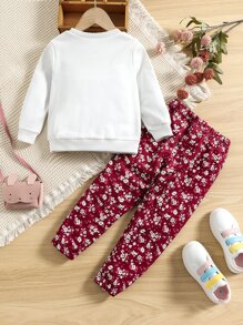 SHEIN Toddler Girls Rabbit Print Bow Front Pullover & Floral Print Sweatpants - Red and White - View 2