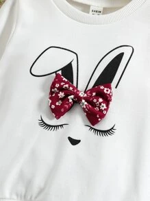 SHEIN Toddler Girls Rabbit Print Bow Front Pullover & Floral Print Sweatpants - Red and White - View 4