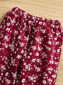 SHEIN Toddler Girls Rabbit Print Bow Front Pullover & Floral Print Sweatpants - Red and White - View 6