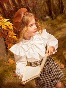 SHEIN Leap Crew Casual Versatile Young Girl Bowknot Ruffle Back Neck Water Drop Pullover Blouse - White - View 1