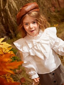 SHEIN Leap Crew Casual Versatile Young Girl Bowknot Ruffle Back Neck Water Drop Pullover Blouse - White - View 3