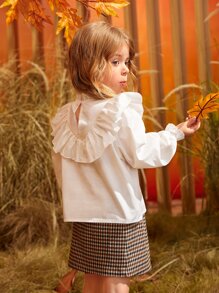 SHEIN Leap Crew Casual Versatile Young Girl Bowknot Ruffle Back Neck Water Drop Pullover Blouse - White - View 4