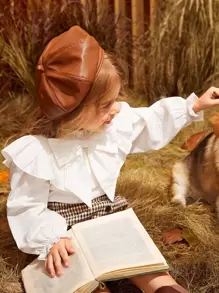 SHEIN Leap Crew Casual Versatile Young Girl Bowknot Ruffle Back Neck Water Drop Pullover Blouse - White - View 5