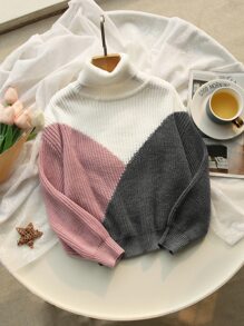 SHEIN Girls Colourblock Turtleneck Drop Shoulder Jumper - Multicolor - View 1
