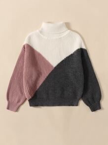 SHEIN Girls Colourblock Turtleneck Drop Shoulder Jumper - Multicolor - View 4
