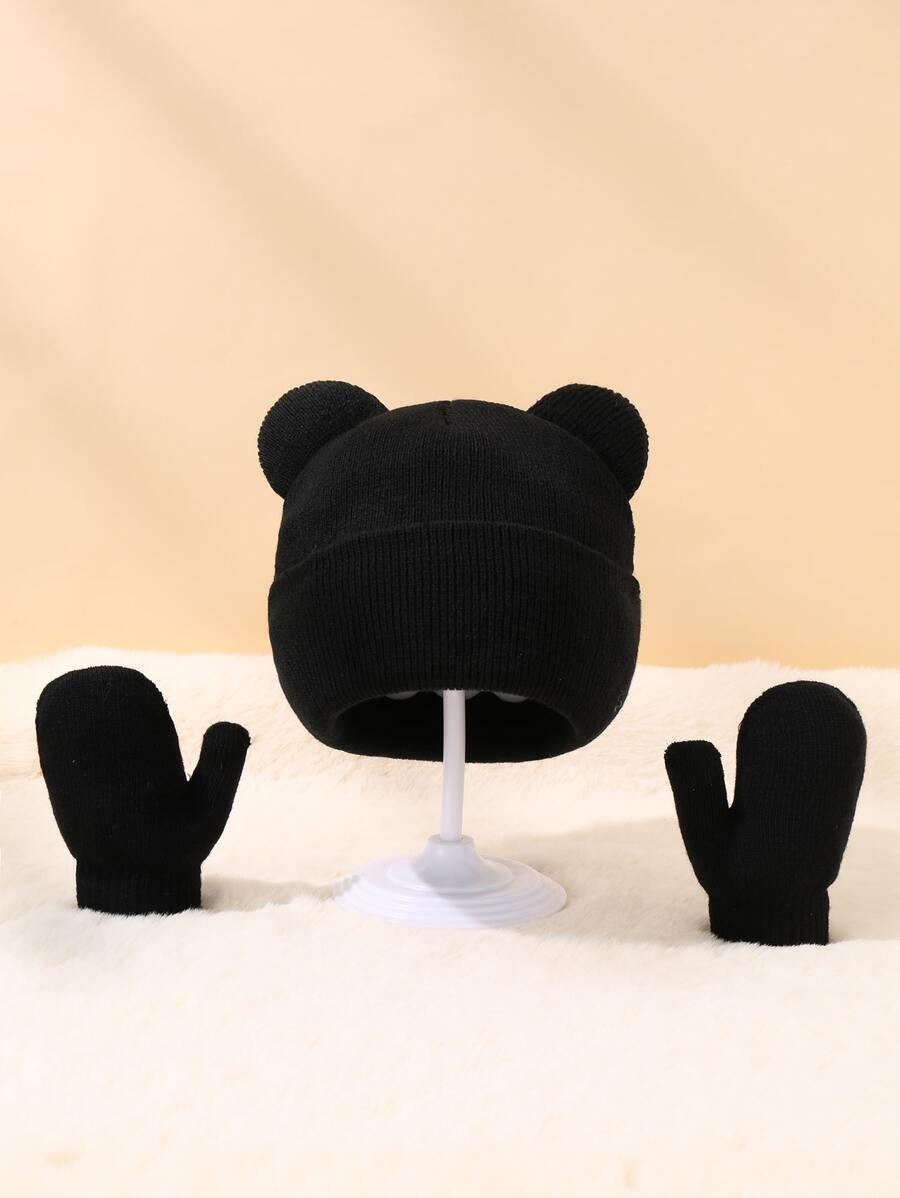 1pc Baby Solid Hat & 1pair Gloves - Black - View 1